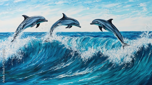 Dolphins leaping over vibrant blue ocean wave