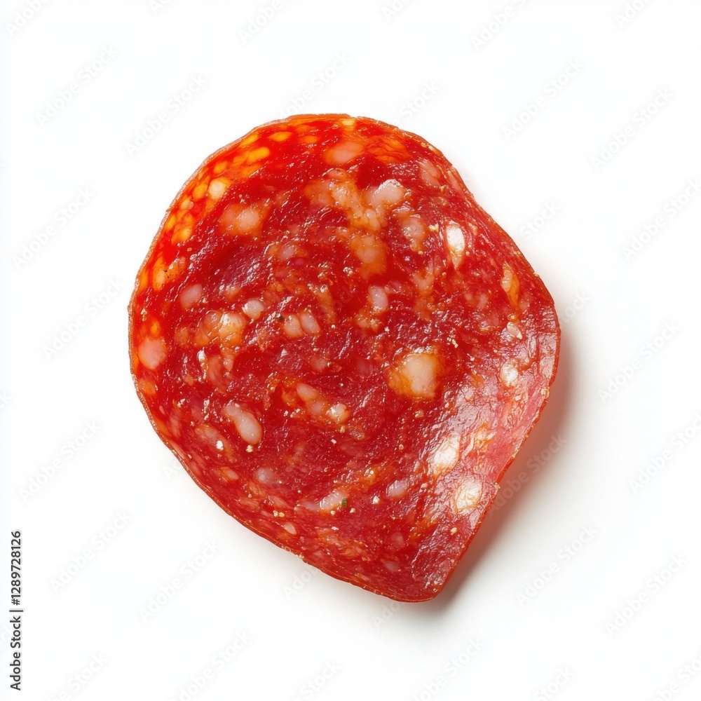 Delicious slice of pepperoni on white background