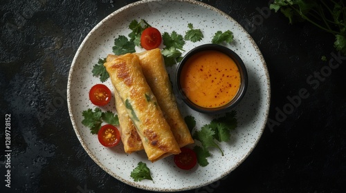 Obraz na płótnie Delicious spring rolls with dipping sauce w salonie