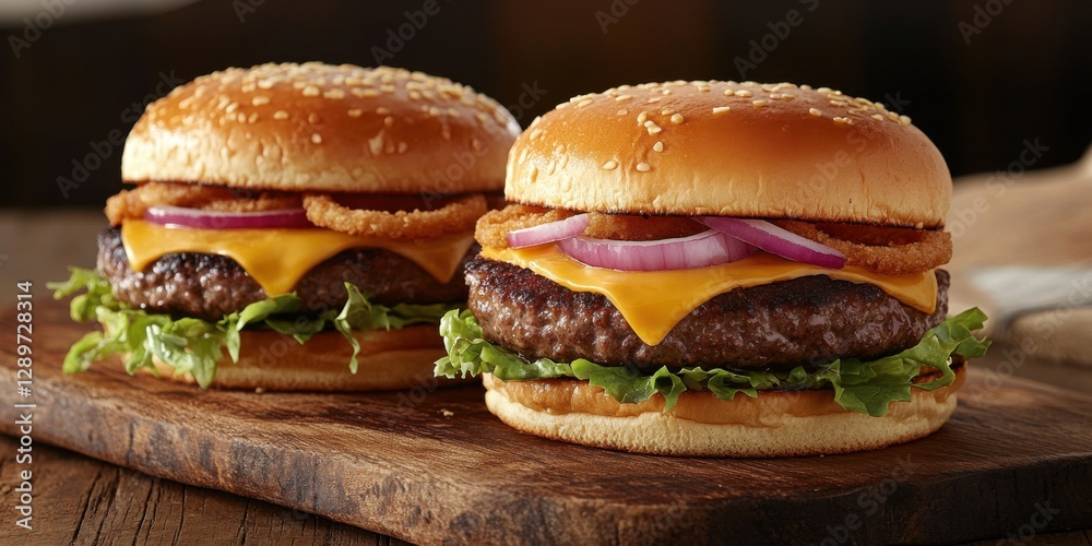 Delicious cheeseburgers on rustic wooden board