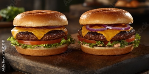Delicious cheeseburgers on rustic wooden board
