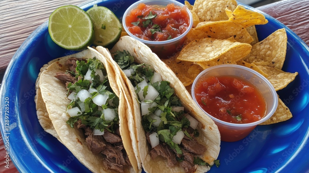 Delicious beef tacos with salsa and chips