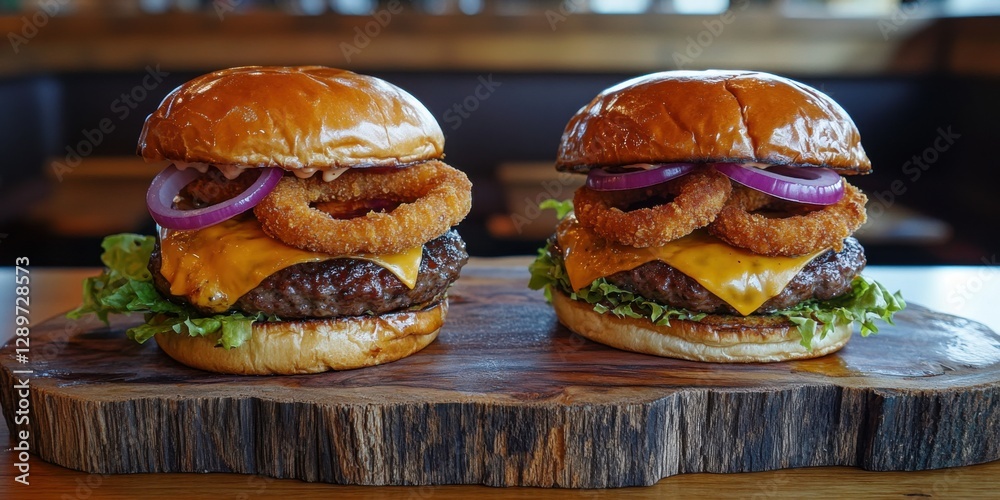 Delicious cheeseburgers on rustic wooden board