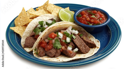 Delicious beef tacos with salsa and chips