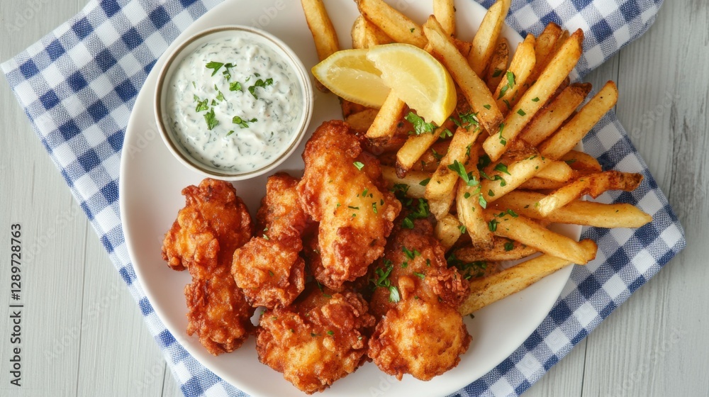 Crispy fried fish with tartar sauce and fries