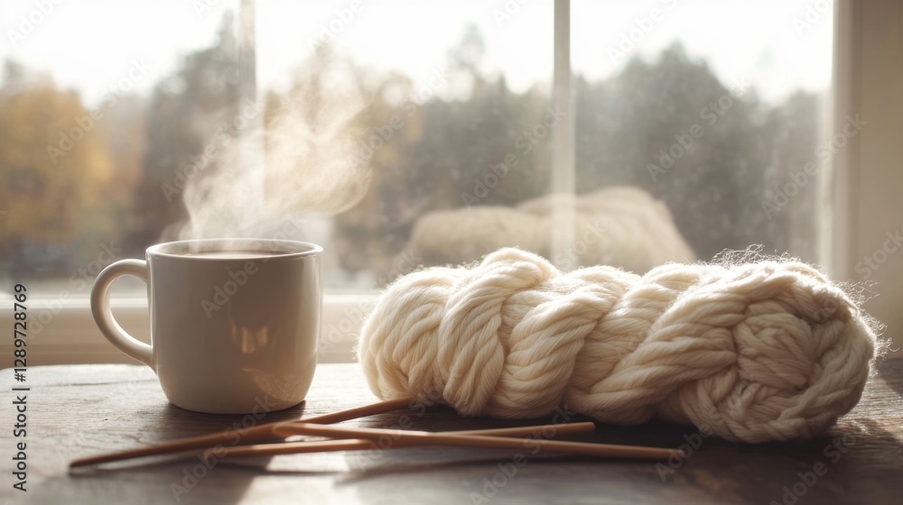 Cozy knitting setup with coffee and yarn