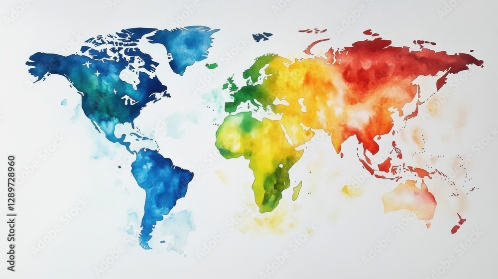 Colorful watercolor world map on white background