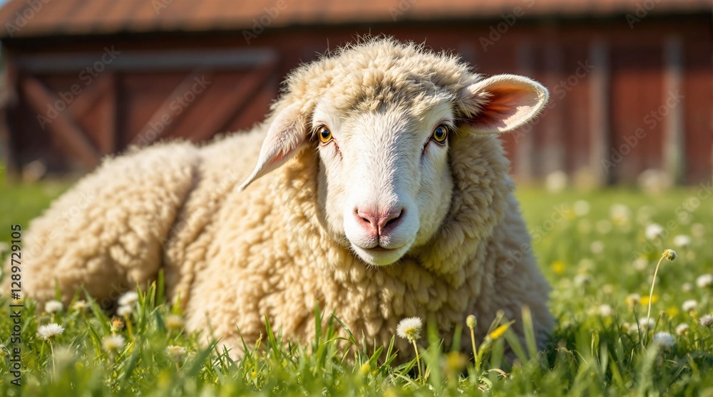 Sheep Resting on Grass: Fluffy Farm Animal in Summer Field Sheep Resting on Grass: Fluffy Farm Animal in Summer Field
