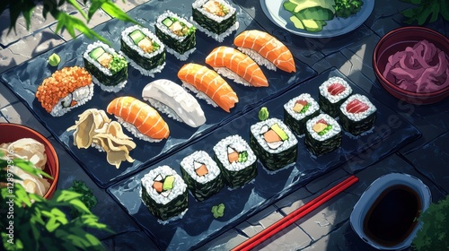 Obraz na płótnie Colorful sushi rolls and nigiri on slate plate w salonie
