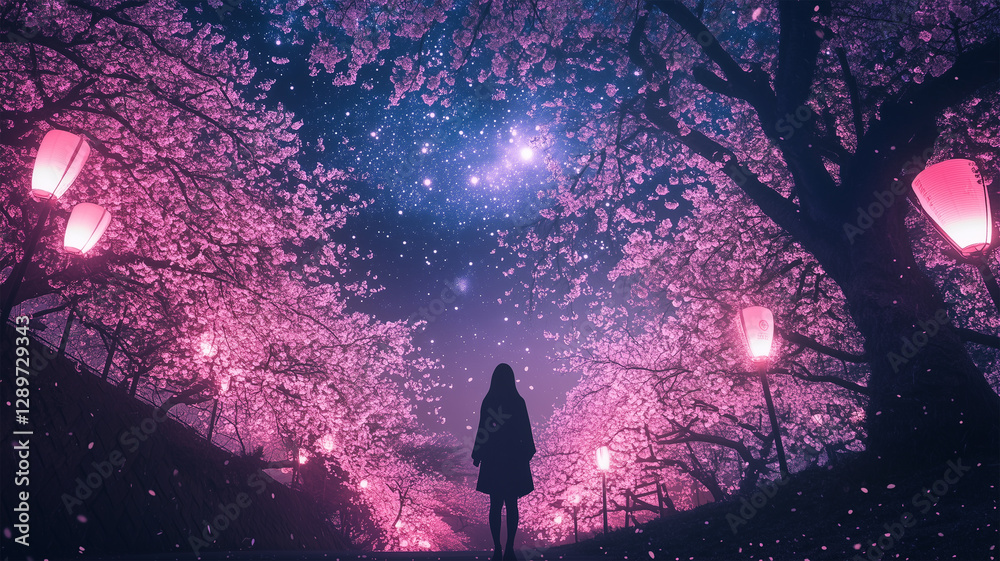 Obraz premium 満開の桜を背景に笑顔のセルフィ – 春色のファッションで輝く幸せな瞬間