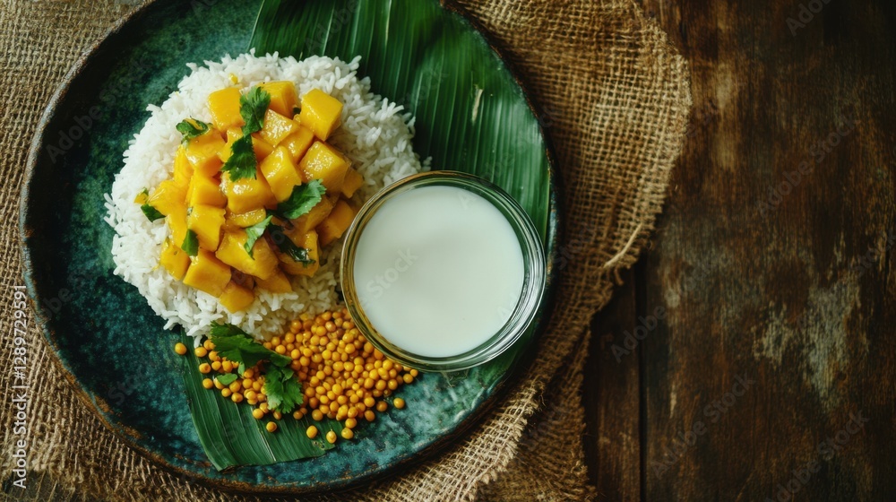 Colorful mango and sticky rice on wooden table