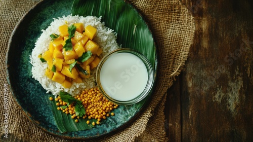 Obraz na płótnie Colorful mango and sticky rice on wooden table w salonie