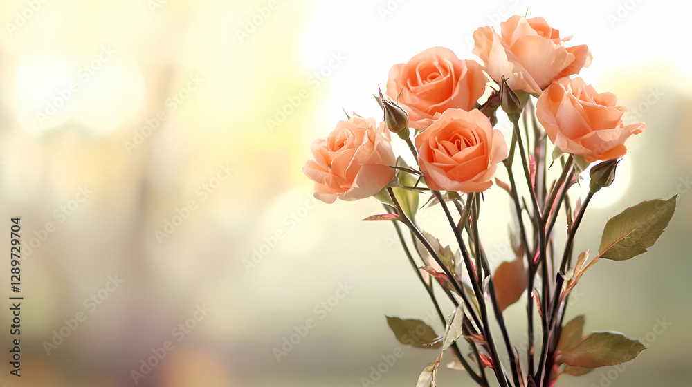 Obraz premium Peach Roses Bouquet Soft Focus Sunlight Background