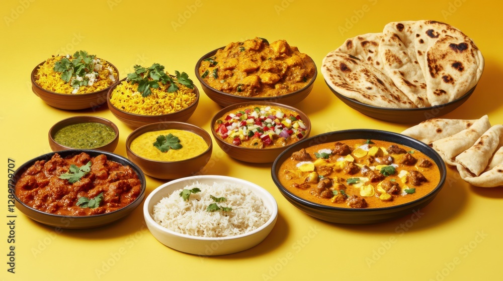 Colorful indian cuisine platter on yellow background