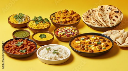 Obraz na płótnie Colorful indian cuisine platter on yellow background w salonie