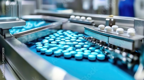 Pharmaceutical tablet production line sorting pills against a bright cyan backdrop
