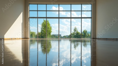 empty room with a large window reflecting the sky.