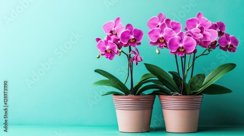 Pink orchids in decorative pots on a soft mint-colored background