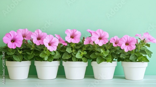Pink petunias in small white pots with a light green background