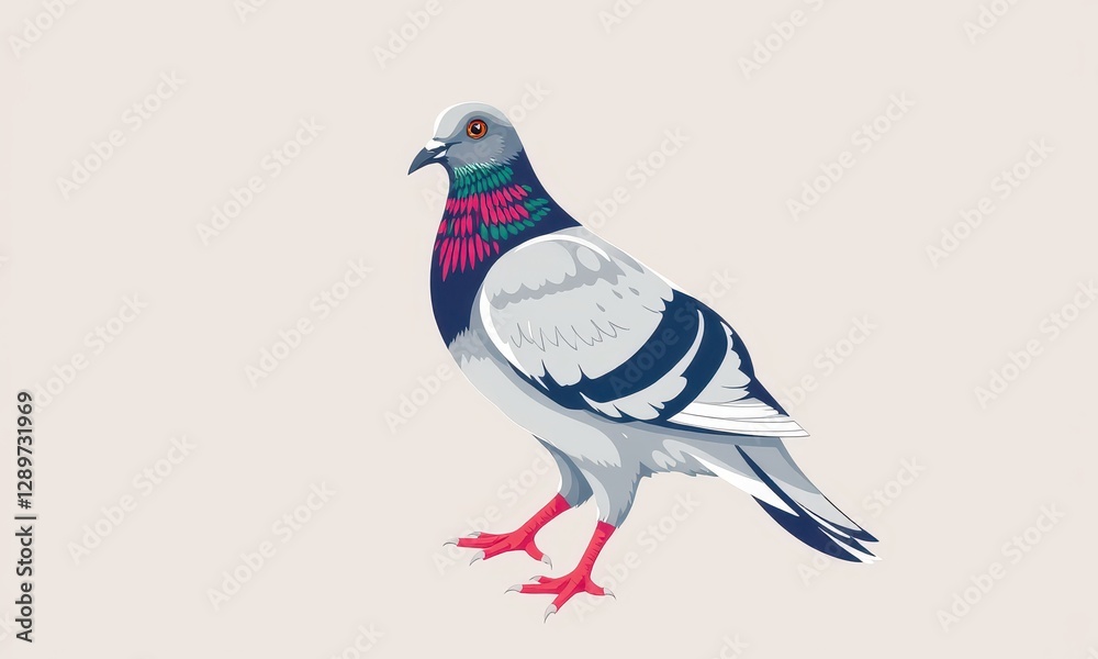 Illustrative Representation of Vibrantly Feathered Pigeon with Shades of Grey, Blue, and Green, Highlighted with Striking Red Feet on a Neutral Background Illustrative Representation of Vibrantly Feathered Pigeon with Shades of Grey, Blue, and Green, Highlighted with Striking Red Feet on a Neutral Background