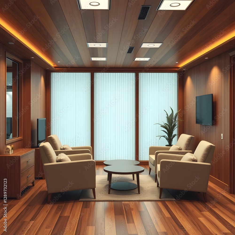 Fototapeta premium A Cozy Wooden Office Waiting Room with Comfortable Armchairs and a TV for Relaxation