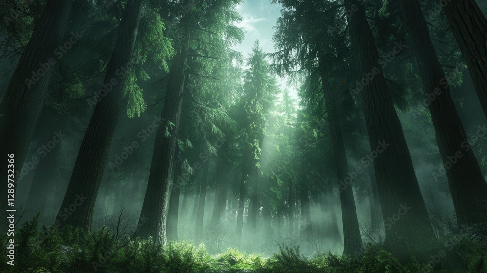 Obraz premium Enchanted Forest with Tall Trees and Soft Light Filtering Through Canopy Beneath a Dramatic Sky