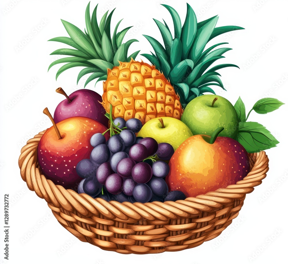 Wicker Basket of Fresh Fruits Pineapple, Apples, Plums and Grapes Wicker Basket of Fresh Fruits Pineapple, Apples, Plums and Grapes