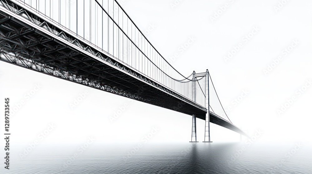 Obraz premium Foggy Suspension Bridge, Cityscape, Calm Waters