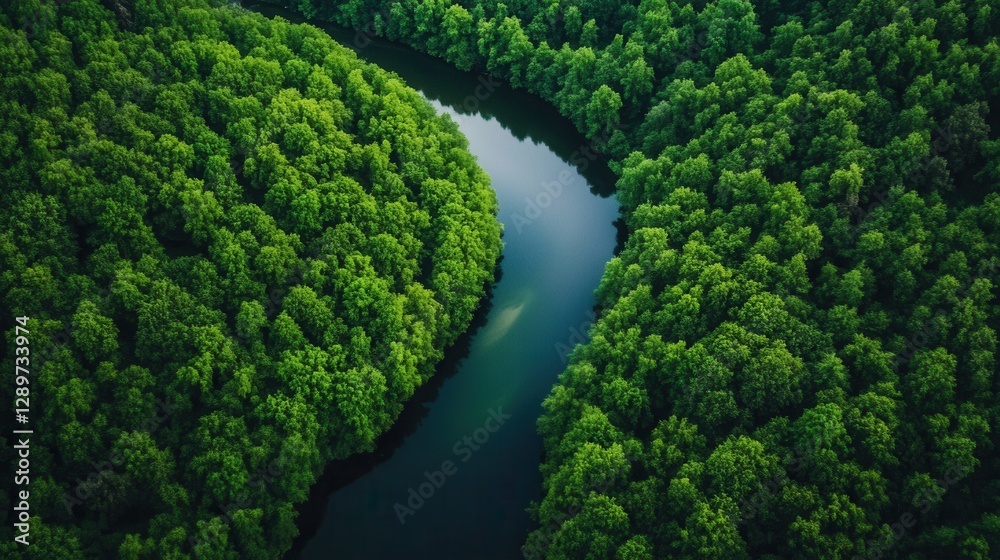 Serene Aerial View of Lush Green Forest Surrounded by Calm River in Bright Daylight Serene Aerial View of Lush Green Forest Surrounded by Calm River in Bright Daylight