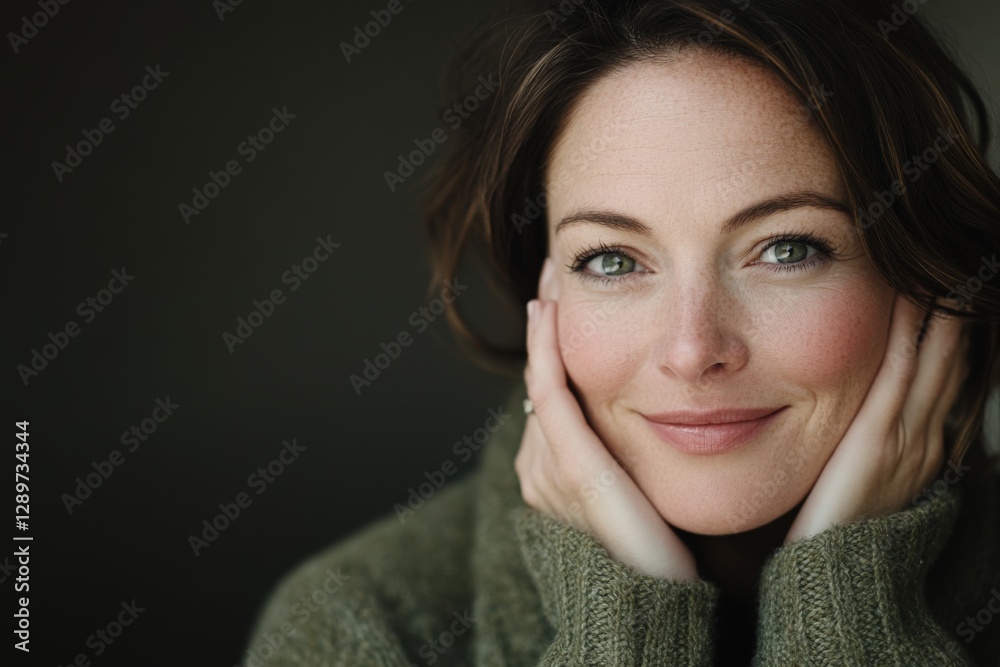 a woman smiling, touching her face a woman smiling, touching her face