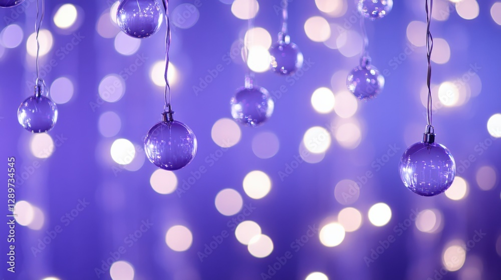 Fototapeta premium purple christmas ornaments hanging with bokeh lights