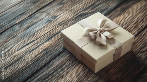 Elegant gift box with ribbon on rustic wooden table for celebrations and special occasions