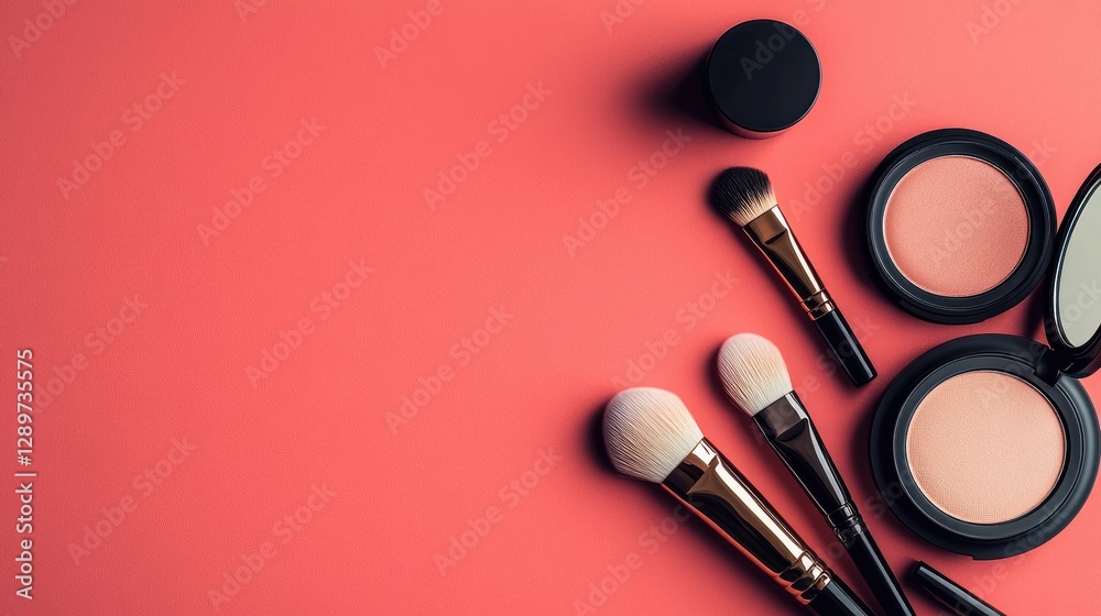 Stylish cosmetics arrangement with foundation bottles and beauty brushes on a warm coral background Stylish cosmetics arrangement with foundation bottles and beauty brushes on a warm coral background