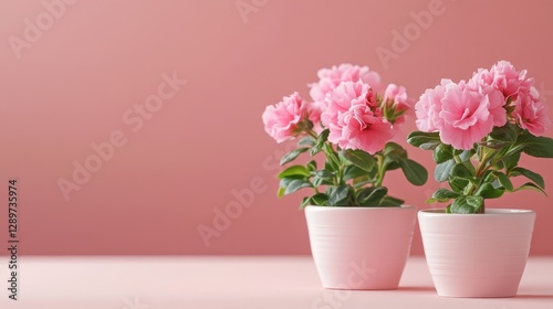 Wallpaper Mural Small pink flower pots arranged on a soft coral background Torontodigital.ca