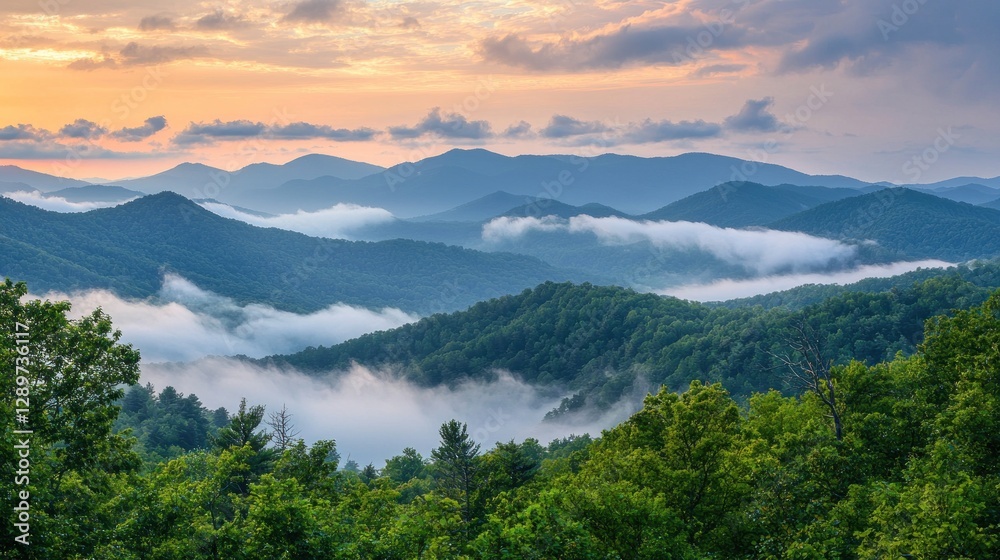 Obraz premium Misty mountain range at sunset.