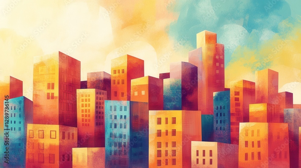 Abstract city skyline with colorful buildings and dramatic sky in vibrant shades of orange, blue, and yellow hues Abstract city skyline with colorful buildings and dramatic sky in vibrant shades of orange, blue, and yellow hues