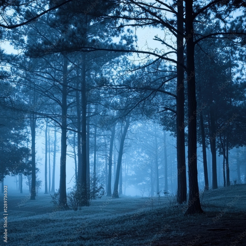 Obraz premium Misty blue forest at dawn.