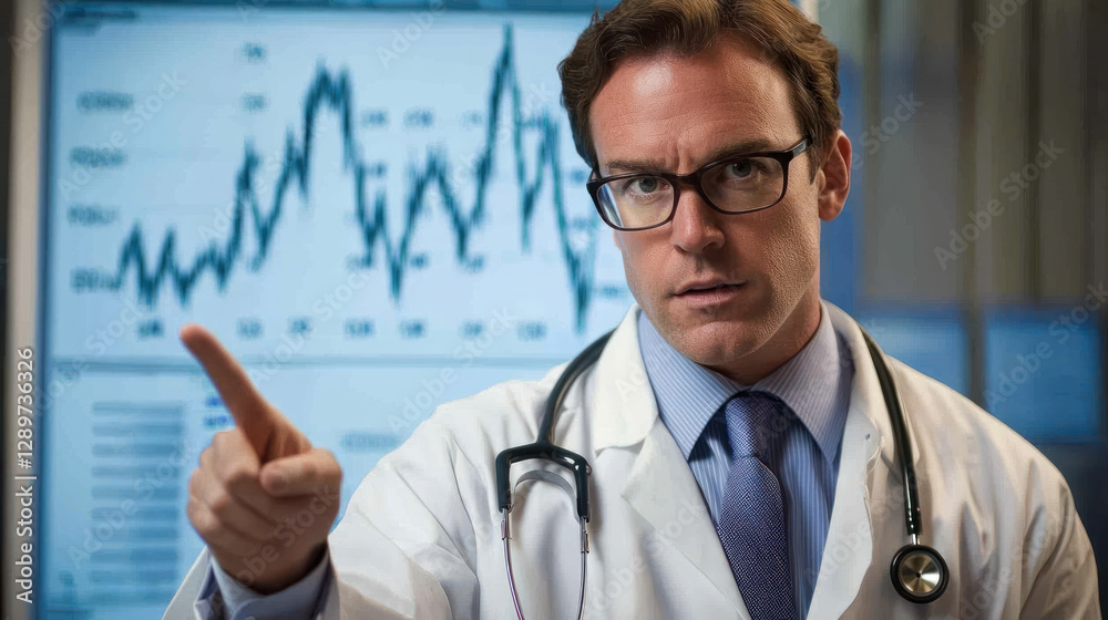 A Doctor pointing at graph depicting rising healthcare costs, emphasizing analysis and solutions A Doctor pointing at graph depicting rising healthcare costs, emphasizing analysis and solutions
