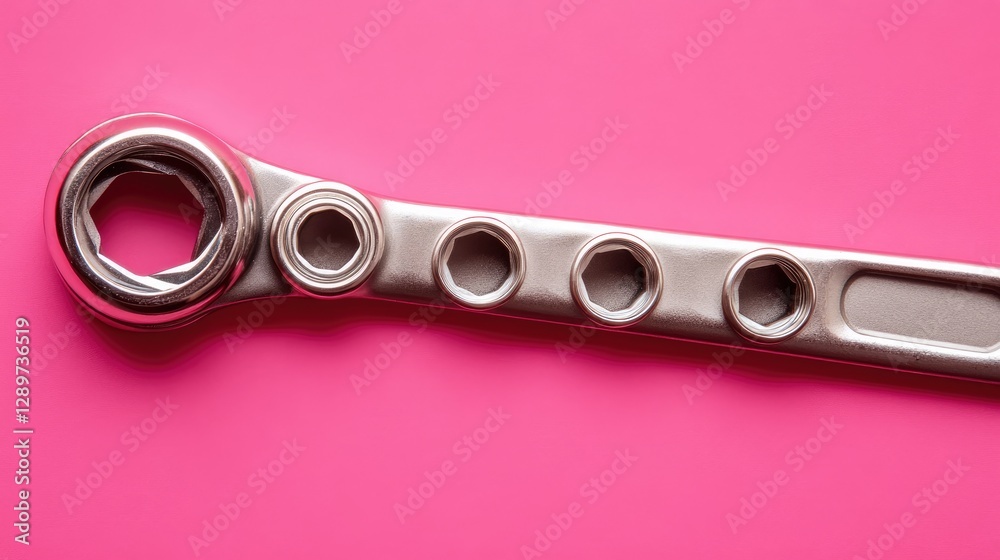 Socket wrench with interchangeable heads on a bold magenta background Socket wrench with interchangeable heads on a bold magenta background
