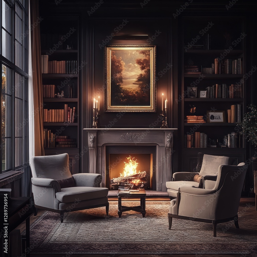 Fototapeta premium Cozy library with fireplace, armchairs, and bookshelves. (1)