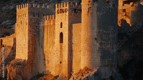 Golden hour illuminates ancient castle ruins.