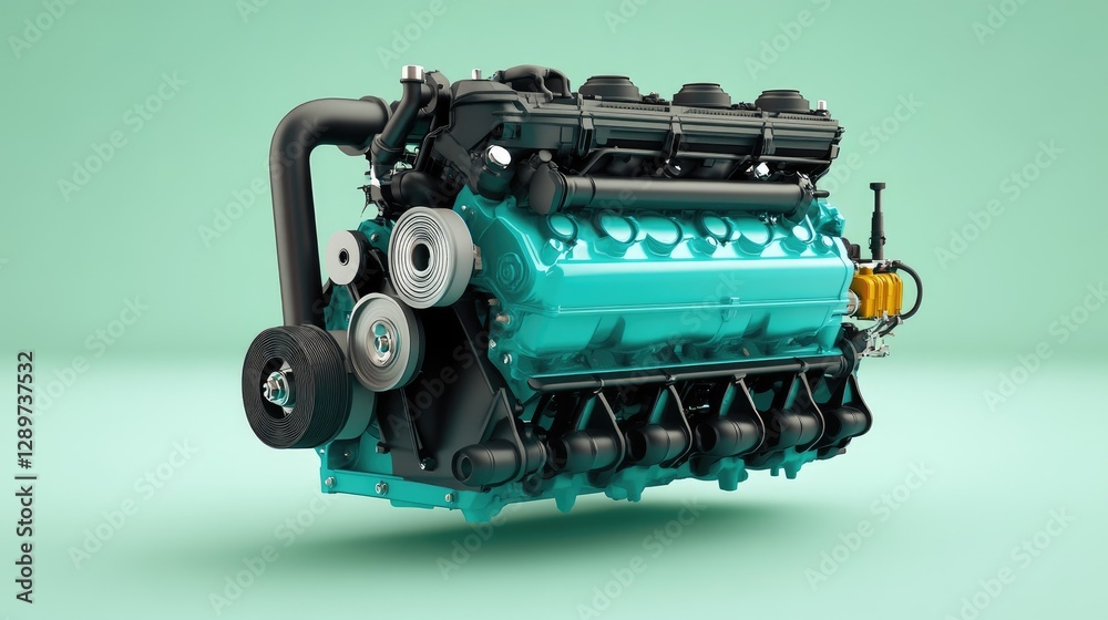 Technical diagram of a combustion engine on a soft green background Technical diagram of a combustion engine on a soft green background