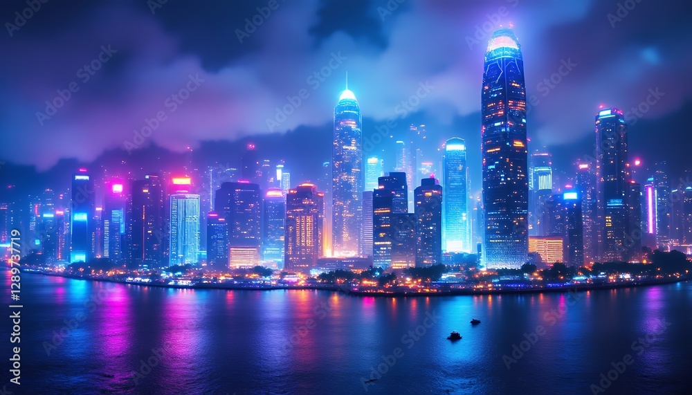 Vibrant city skyline at night with colorful reflections on the water. Vibrant city skyline at night with colorful reflections on the water.