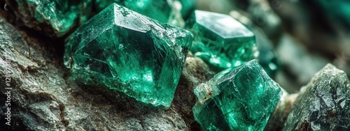 Stunning Close-Up of Raw Emerald Crystals on Textured Rock Surface in Natural Light