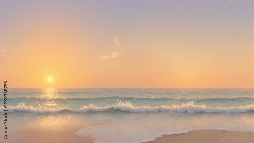 Serene beach sunrise with gentle waves and pastel skies.