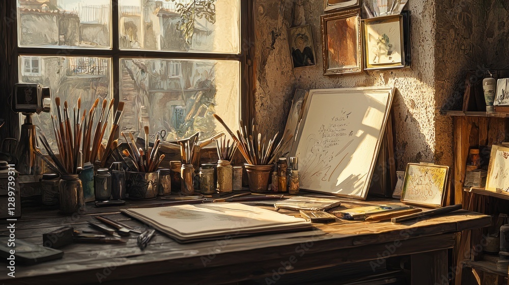 Sunlit artist's workspace with paints, brushes, and canvases. Sunlit artist's workspace with paints, brushes, and canvases.
