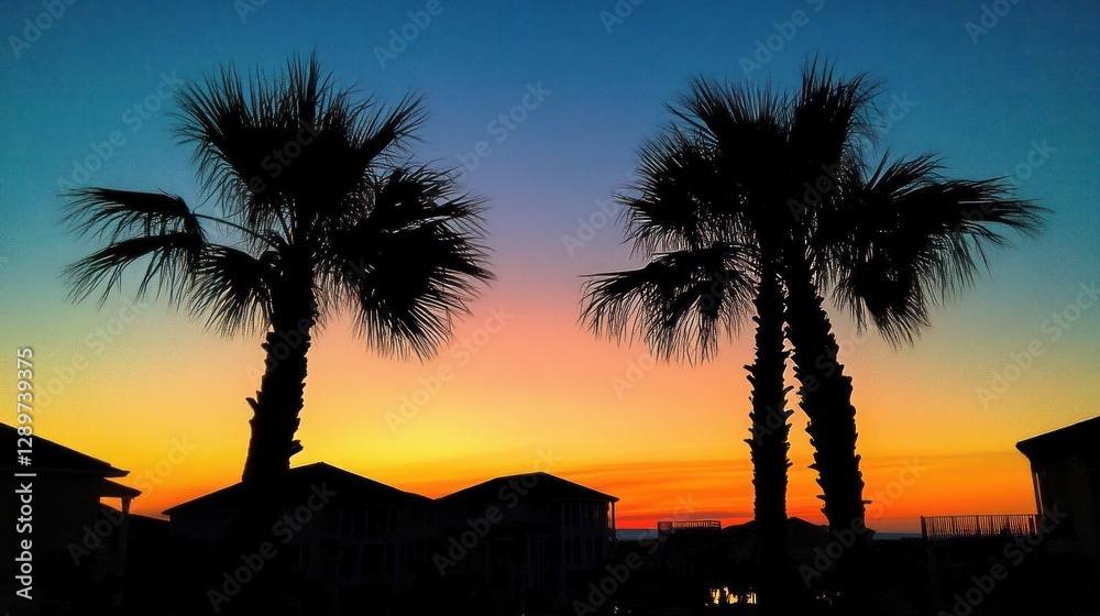 Obraz premium Sunset Palms Silhouette, Coastal Homes