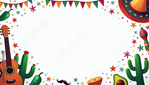 Festive cinco de mayo frame with guitar, cacti, mexican decor, and bright colors celebrating mexican culture