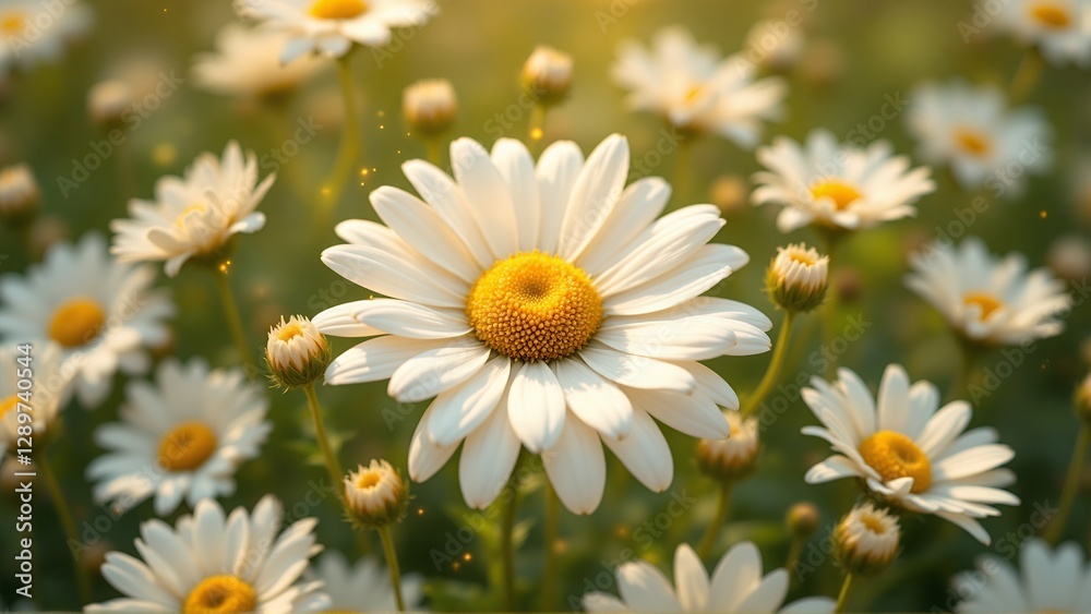 Obraz premium Vibrant daisies blooming in a sunny meadow, radiating warmth and joy.