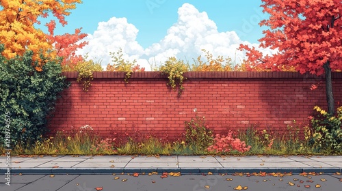 Picturesque Autumnal Scene with Red Brick Wall and Vibrant Foliage Capturing the Essence of Fall Colors in a Tranquil Urban Environment